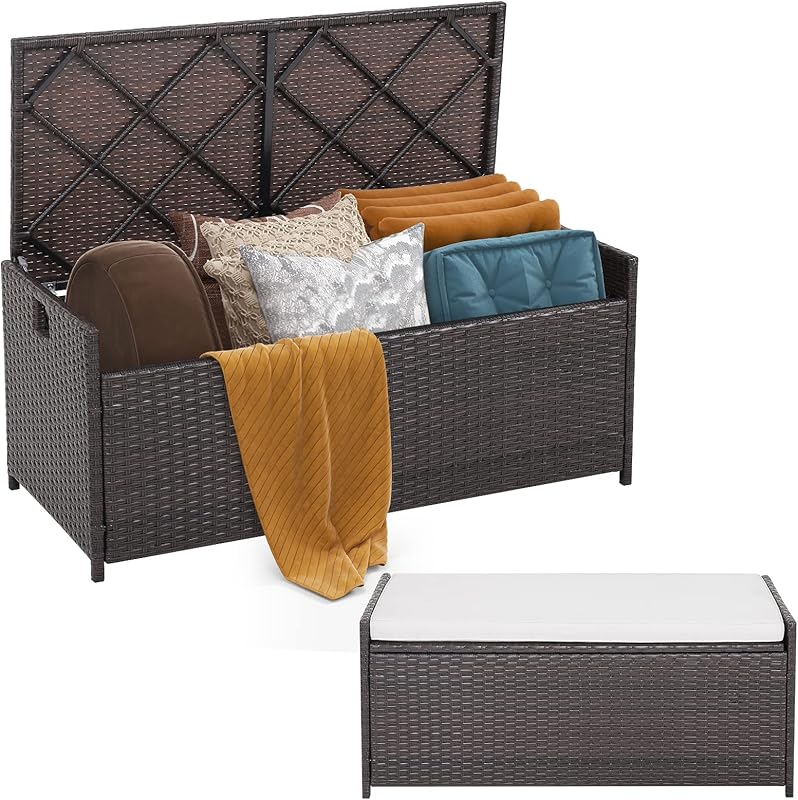 Gallon Outdoor Storage Bench with Seat Cushion, Patio Mix Brown Wicker Deck Box with Waterproof Liner and Side Handles, Outdoor Storage Bench for Cushions, Garden Tools, Pool Accessories